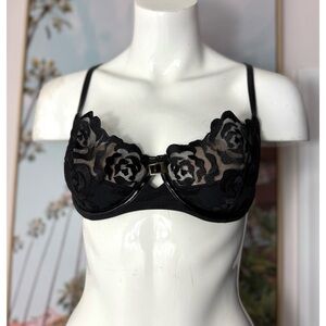 Victoria’s Secret Y2K Black Lace Sheer Push Up Bra 38C Leather Strap Vintage